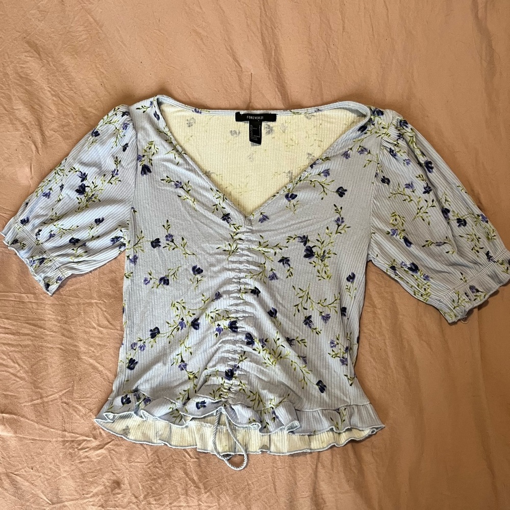 Flower patterned periwinkle shirt